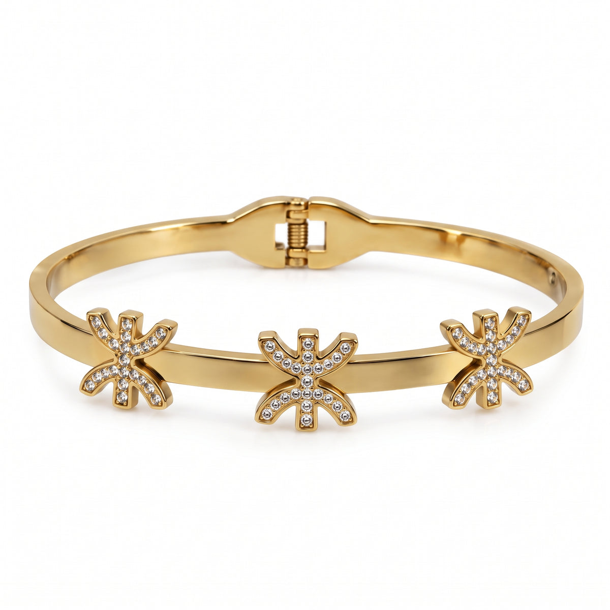 Bracelet Jonc Doré Amazigh – Triple Symbole Yaz en Strass