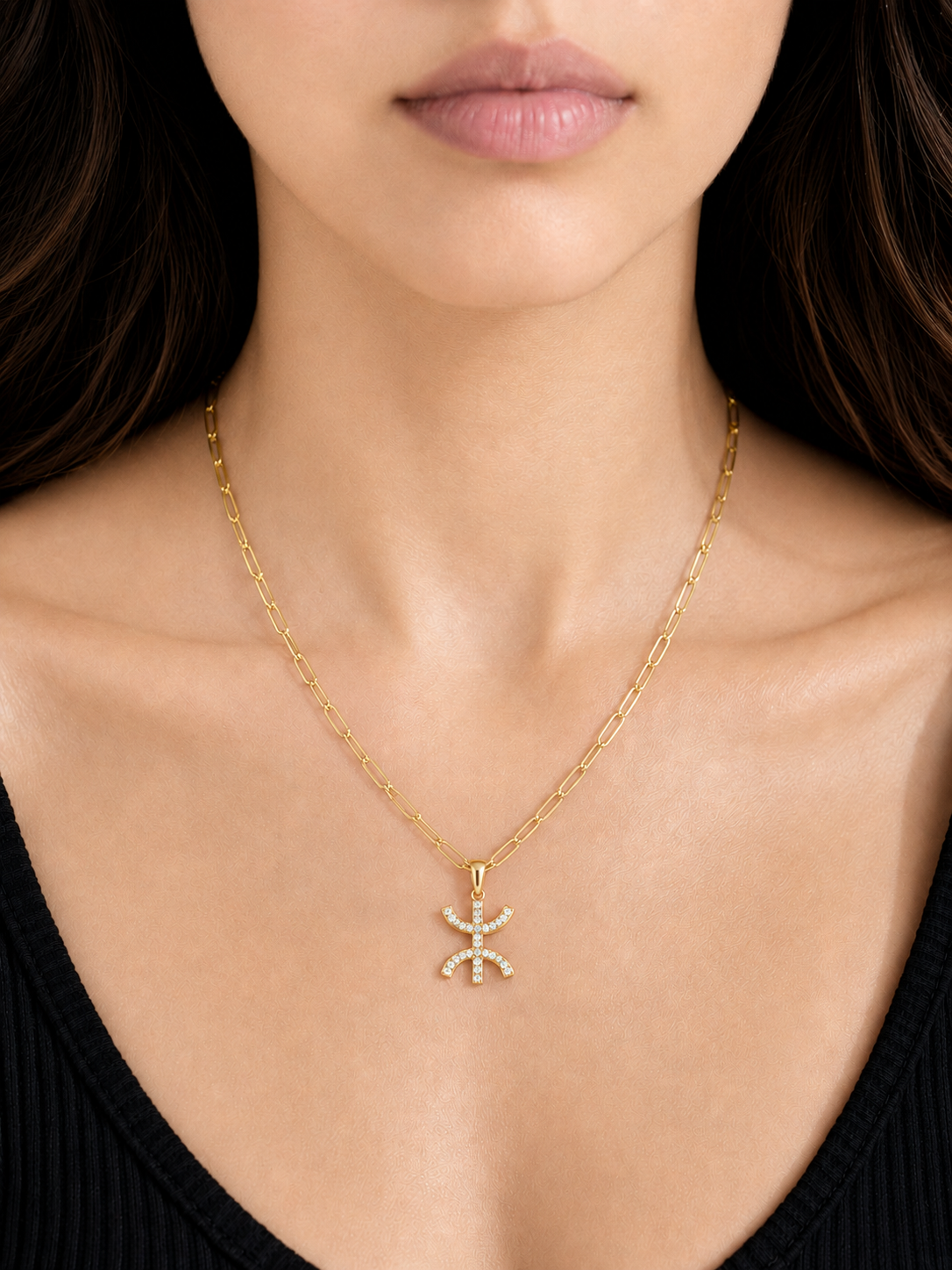 Gold Kabyle Identity Necklace with Rhinestones and Elongated Links