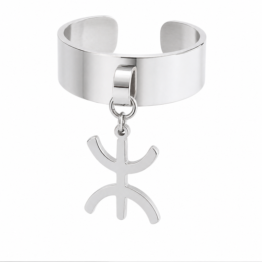 Bague Jonc Argentée Ouverte – Pendentif Symbole Amazigh "Yaz"