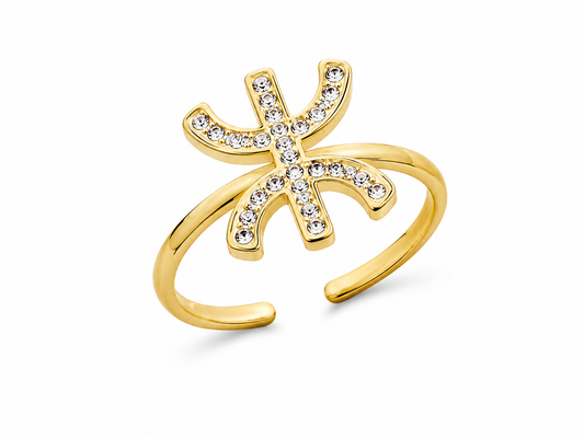 Bague Amazighe Ajustable Dorée avec Symbole Yaz en Strass