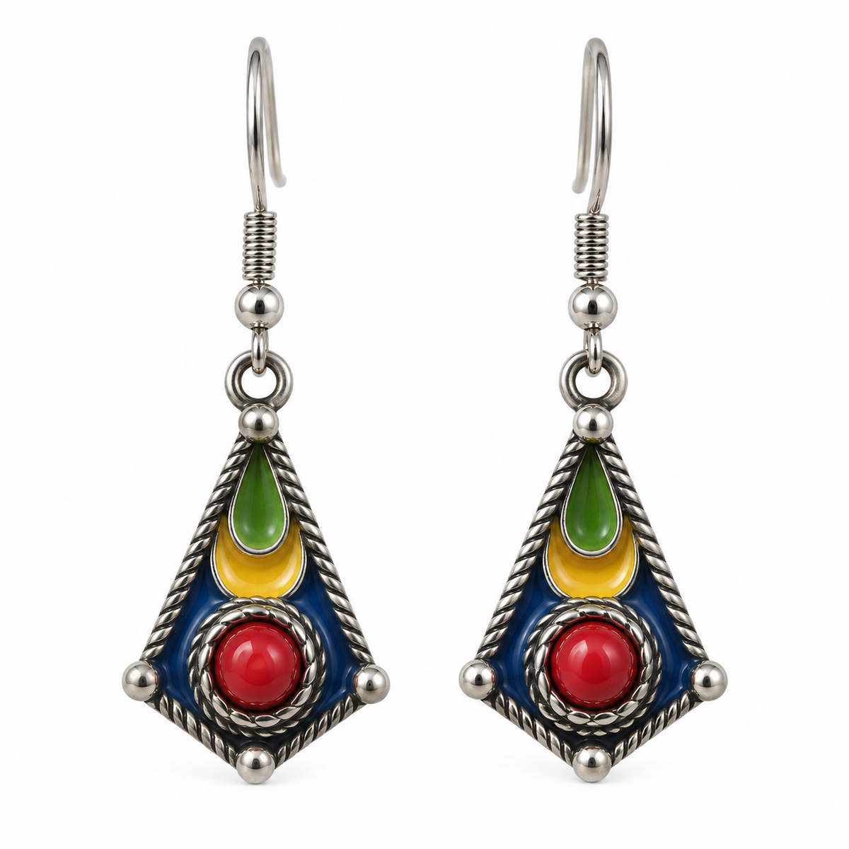 Boucles d'Oreilles Kabyles Losange Émaillé et Détail Rouge