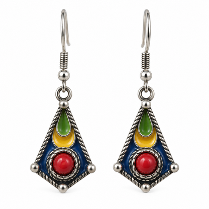 Boucles d'Oreilles Kabyles Losange Émaillé et Détail Rouge