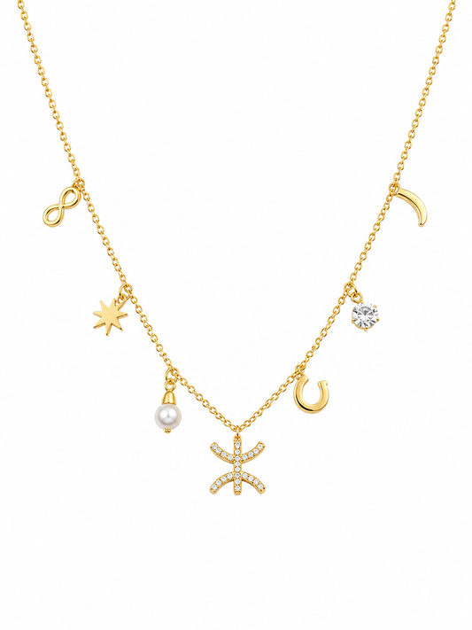 Collier Porte Bonheur avec Breloques et Symbole Yaz Doré