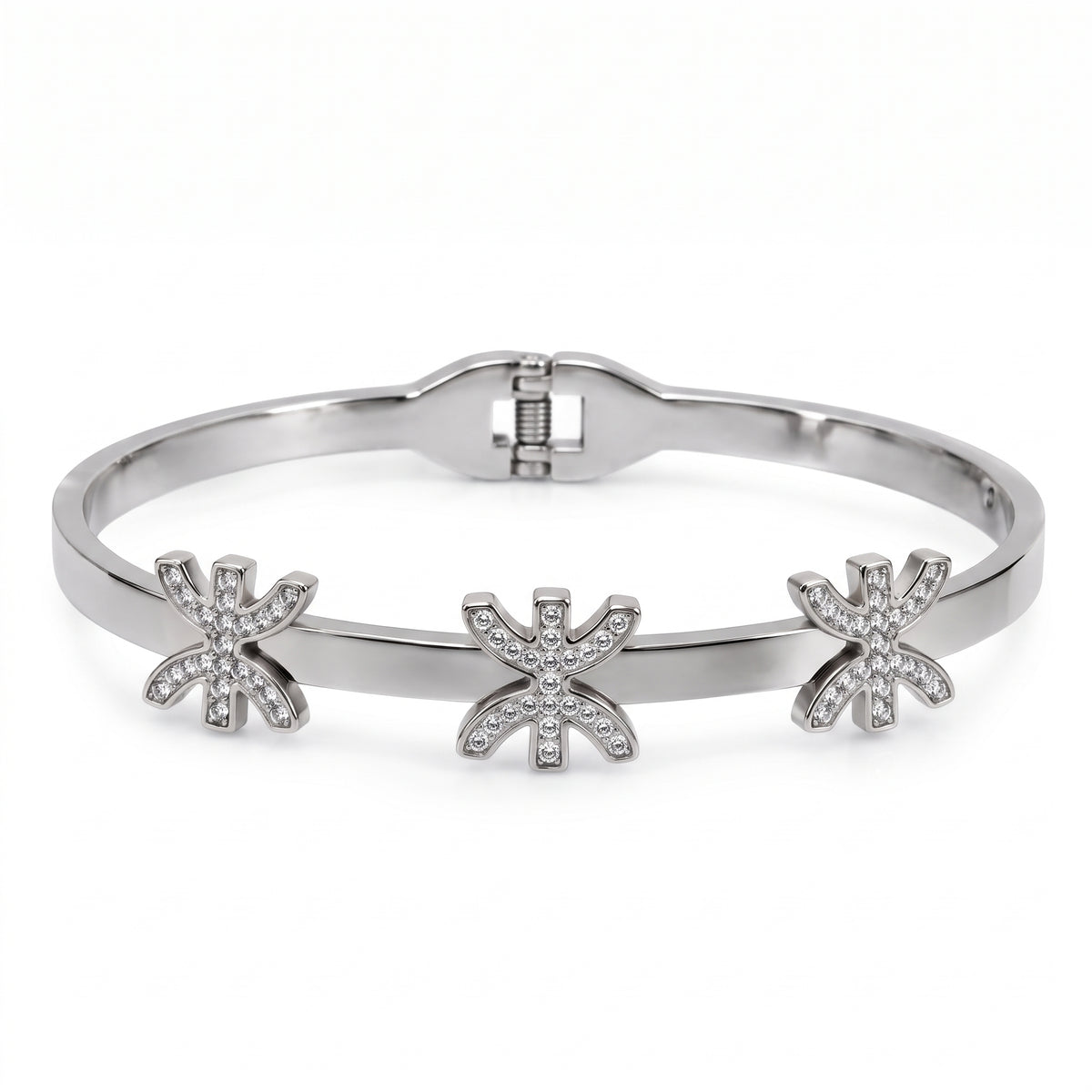 Bracelet Jonc Argenté Amazigh – Triple Symbole Yaz en Strass