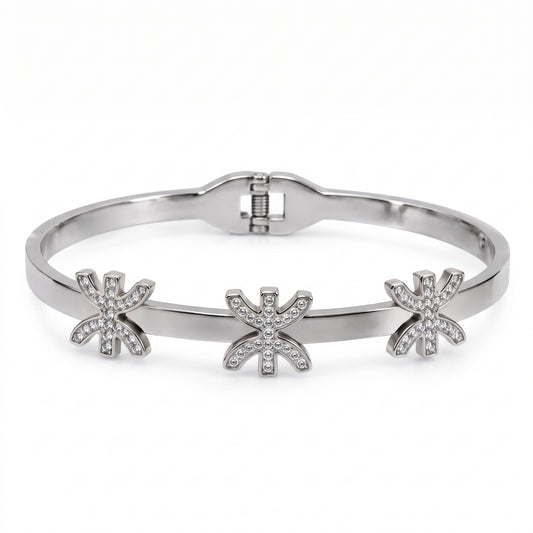 Bracelet Jonc Argenté Amazigh – Triple Symbole Yaz en Strass