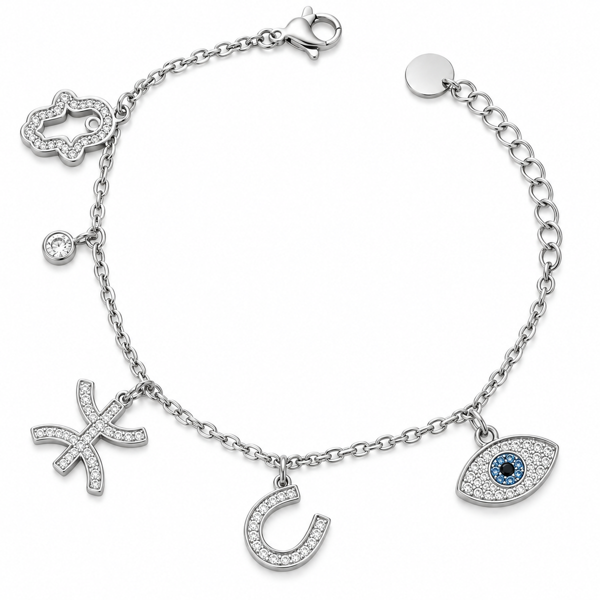 Bracelet Argenté à Breloques – Symbole Yaz, Main de Fatma et Œil Protecteur