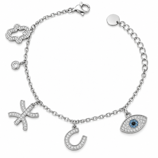 Bracelet Argenté à Breloques – Symbole Yaz, Main de Fatma et Œil Protecteur