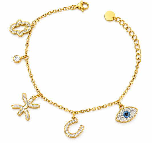 Bracelet Doré à Breloques – Symbole Yaz, Main de Fatma et Œil Protecteur
