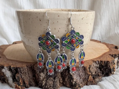 Boucles d'Oreilles Kabyles Traditionnelles Émaillées à Pampilles